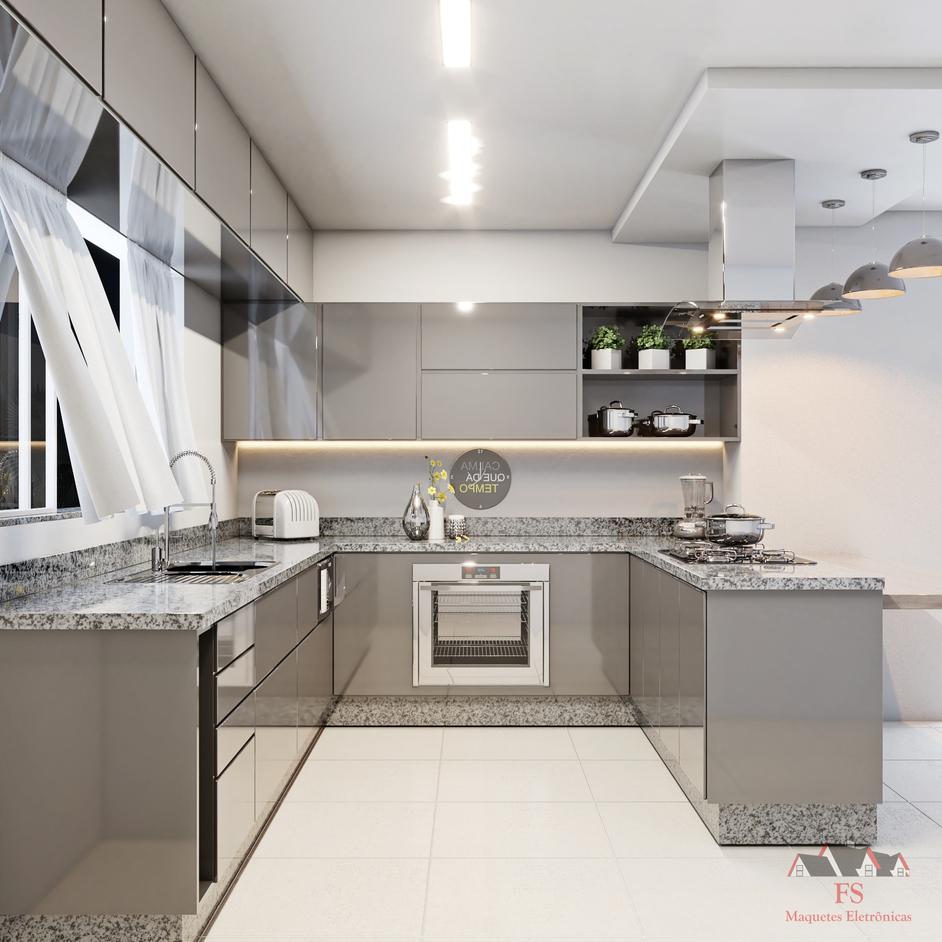 Render vray 5 cena noturna cozinha planejada