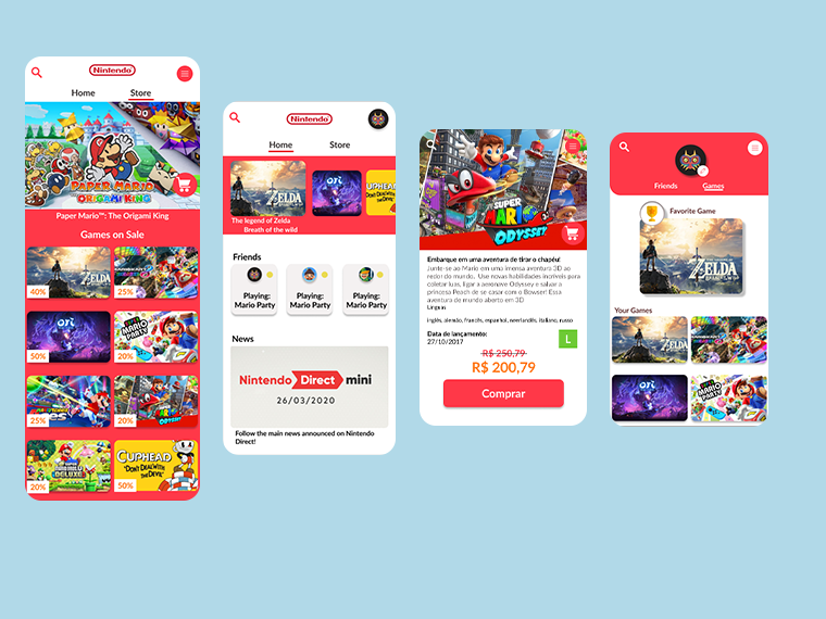 Protótipo de algumas telas para um app de loja da Nintendo.