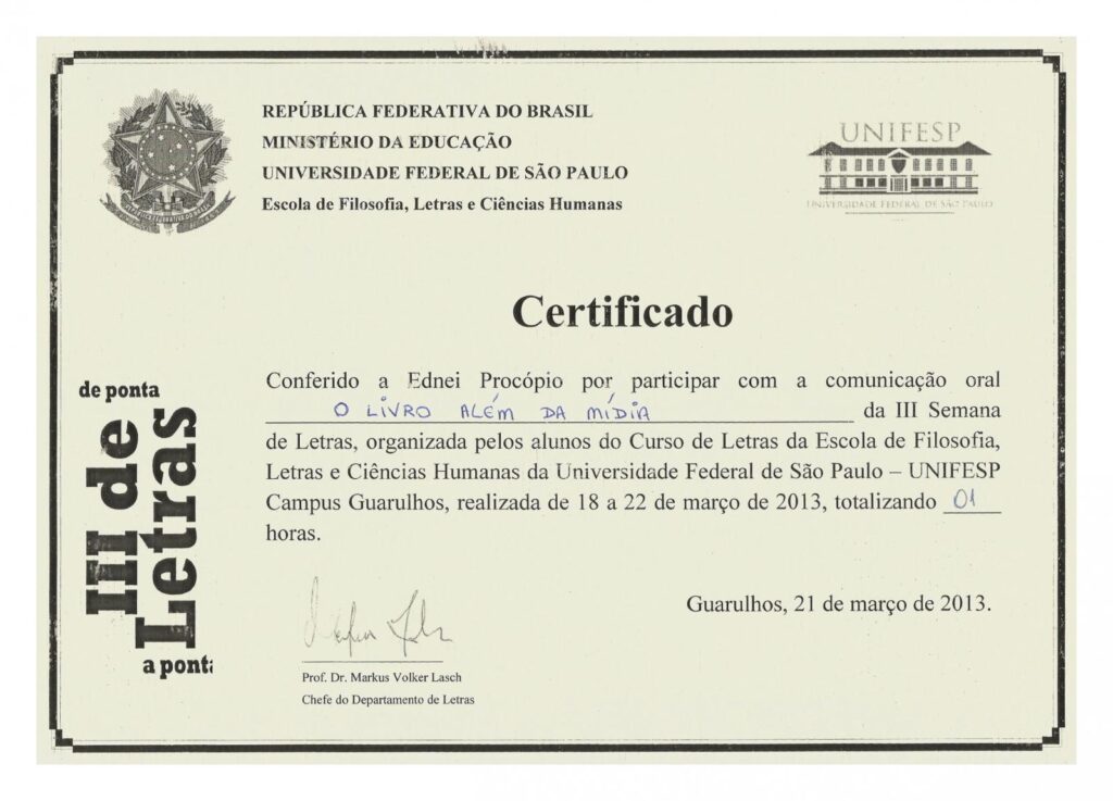 Meu certificado de conclusao do curso de Letras Unifesp