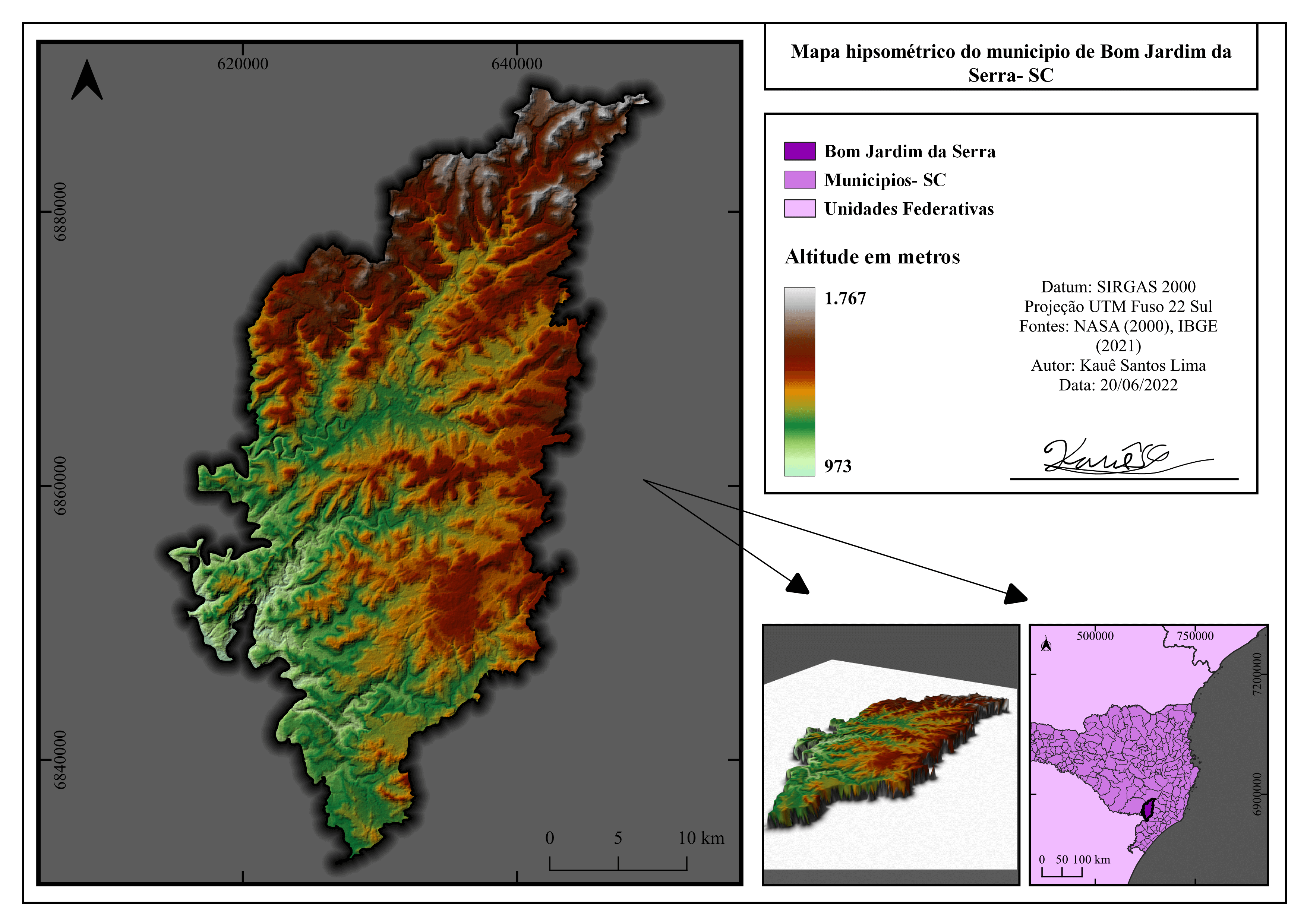 Mapa de altimetria do município de Bom Jardim da Serra- SC