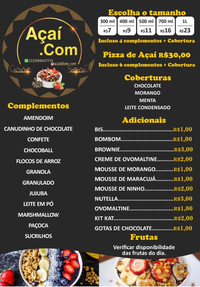 cardápio preços