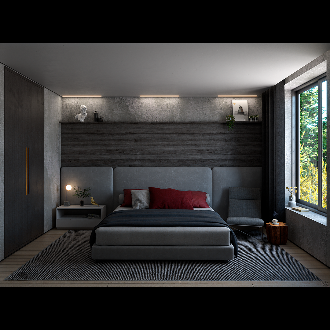 Suíte Casal em tons mais escuros (aconchegante) (Render 3D)