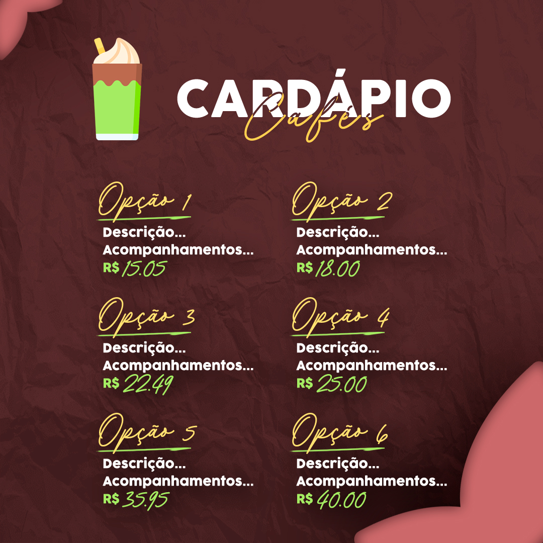 Cardápio para uma lanchonete fictícia