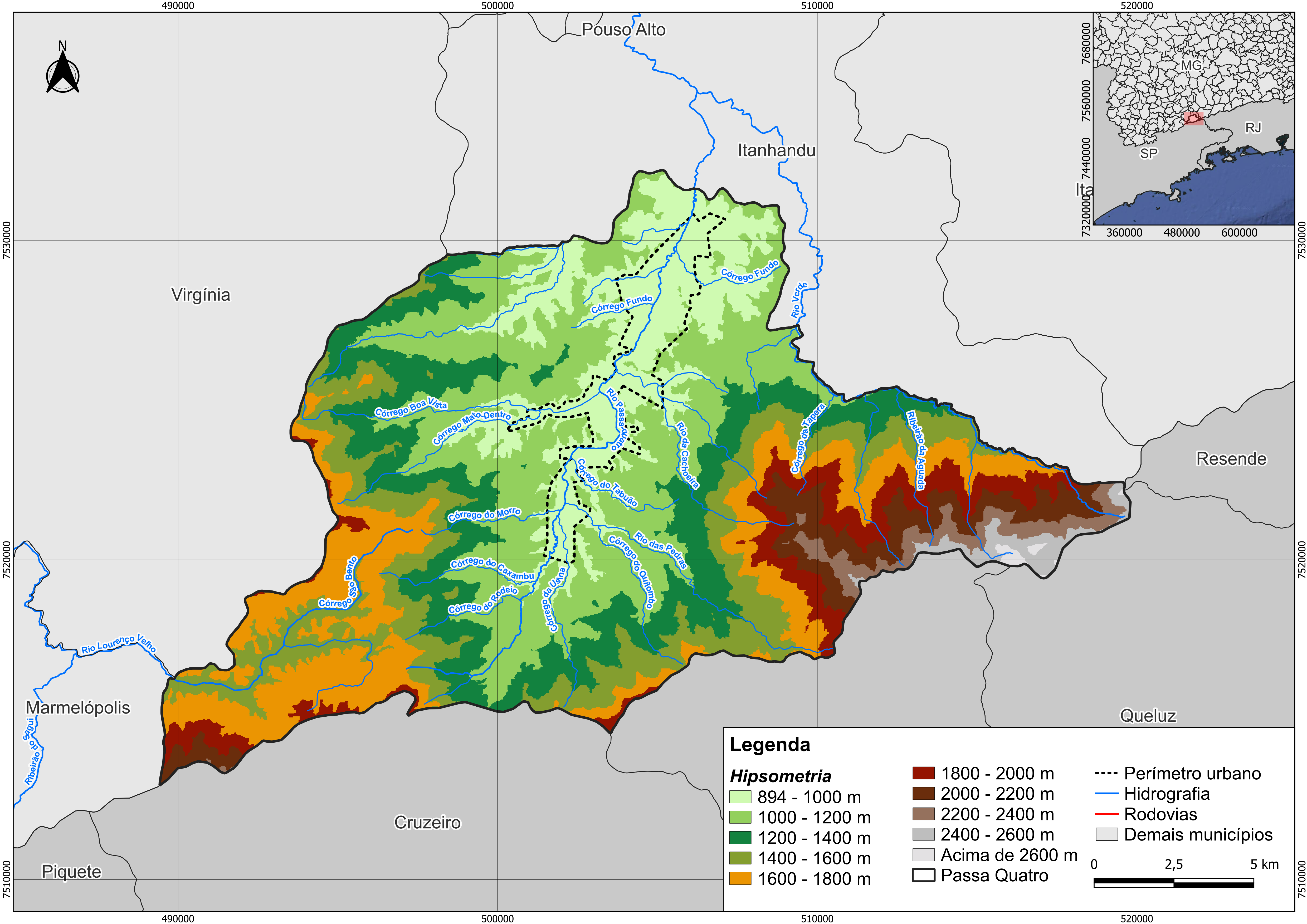 Mapa Hipsométrico do município de Passa Quatro - MG
