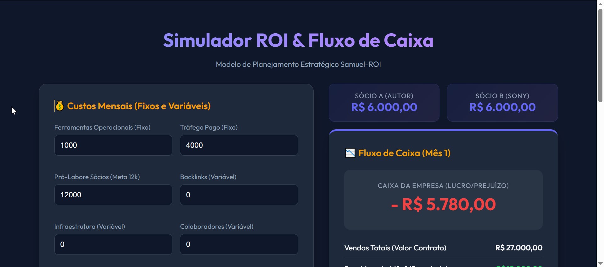 Simulador ROI - Plano de Negócio